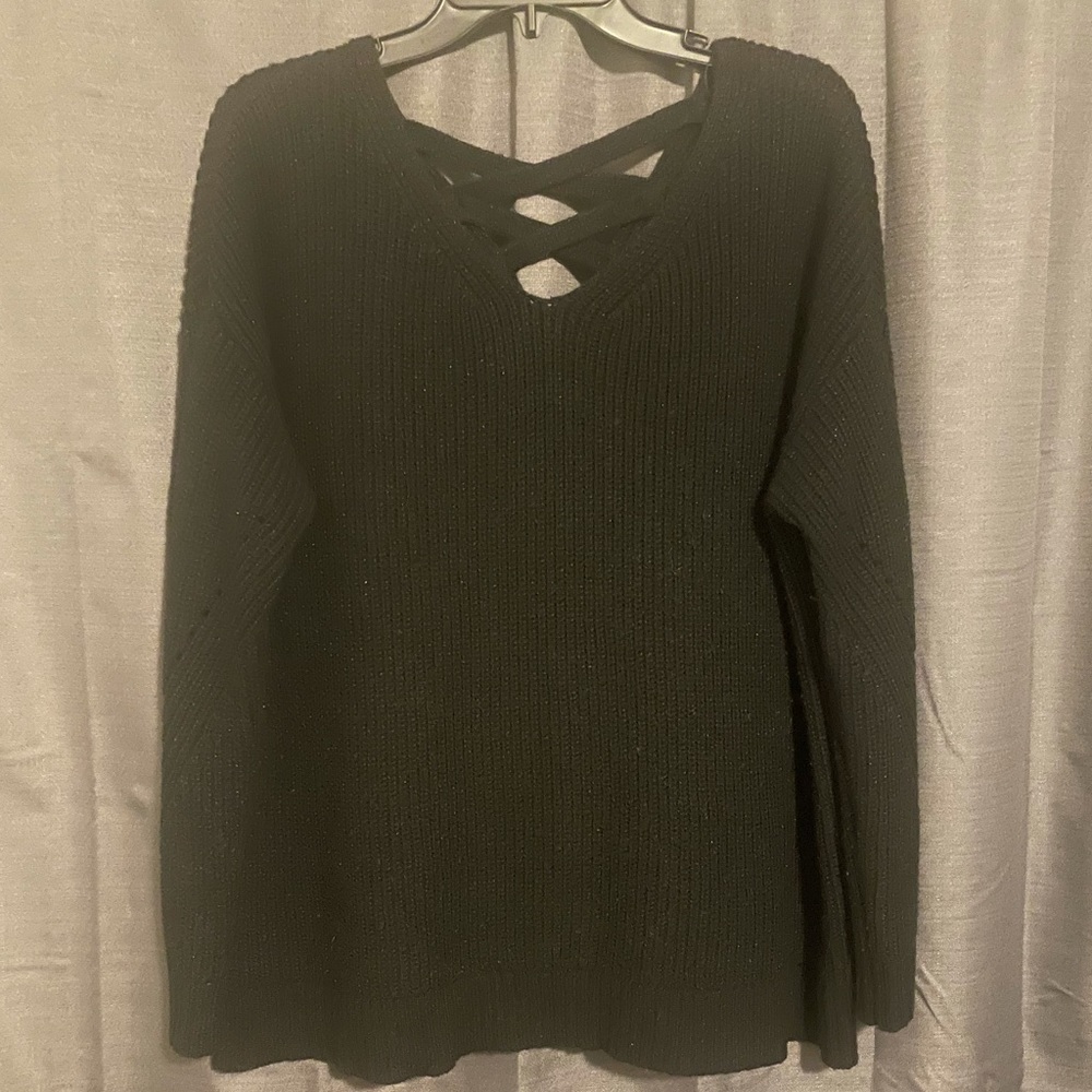 A.n.a Black V Neck Sweater with Crisscross Open Back. Size PL.